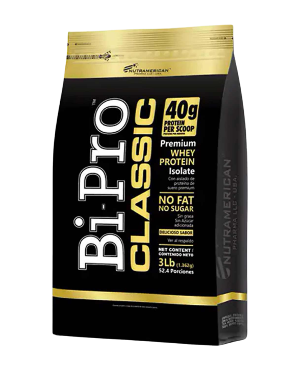 Bolsa de BiPro Classic de Nutramerican Pharma, aislado de proteína de suero con 40 g de proteína por porción, sin grasa ni azúcar, sabor vainilla.