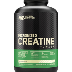 Envase de 600 g de Optimum Nutrition Micronized Creatine Powder sin sabor, con 5 g de monohidrato de creatina por porción para mejorar fuerza, potencia y recuperación muscular.
