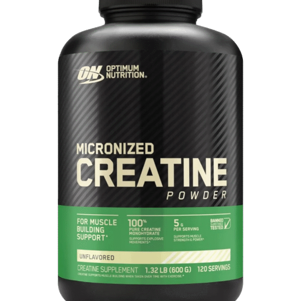 Envase de 600 g de Optimum Nutrition Micronized Creatine Powder sin sabor, con 5 g de monohidrato de creatina por porción para mejorar fuerza, potencia y recuperación muscular.