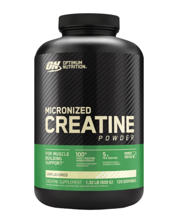 Envase de 600 g de Optimum Nutrition Micronized Creatine Powder sin sabor, con 5 g de monohidrato de creatina por porción para mejorar fuerza, potencia y recuperación muscular.