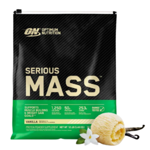 Envase de Optimum Nutrition Serious Mass, suplemento hipercalórico con 1,250 calorías, 50 g de proteína y 253 g de carbohidratos por porción, sabor vainilla.