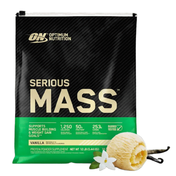 Envase de Optimum Nutrition Serious Mass, suplemento hipercalórico con 1,250 calorías, 50 g de proteína y 253 g de carbohidratos por porción, sabor vainilla.