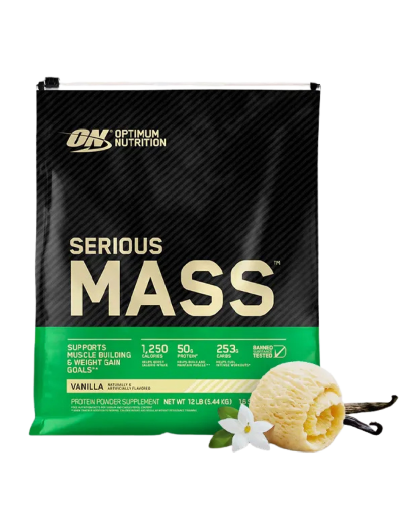 Envase de Optimum Nutrition Serious Mass, suplemento hipercalórico con 1,250 calorías, 50 g de proteína y 253 g de carbohidratos por porción, sabor vainilla.