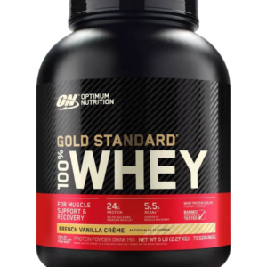 Envase de Optimum Nutrition Gold Standard 100% Whey en sabor French Vanilla Crème, con 24 g de proteína, 5.5 g de BCAA y bajo en carbohidratos para recuperación muscular.