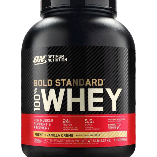 Envase de Optimum Nutrition Gold Standard 100% Whey en sabor French Vanilla Crème, con 24 g de proteína, 5.5 g de BCAA y bajo en carbohidratos para recuperación muscular.