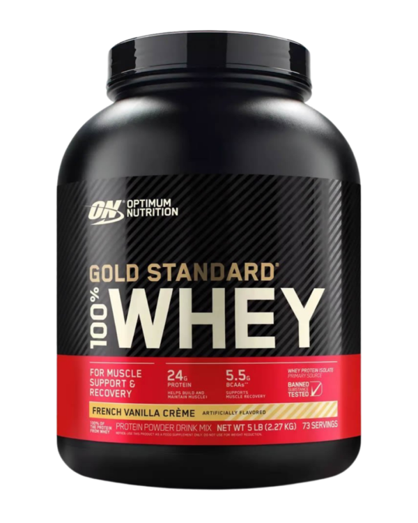Envase de Optimum Nutrition Gold Standard 100% Whey en sabor French Vanilla Crème, con 24 g de proteína, 5.5 g de BCAA y bajo en carbohidratos para recuperación muscular.