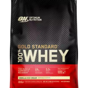 Bolsa de 9.9 LB de Optimum Nutrition Gold Standard 100% Whey sabor Vanilla Ice Cream, con 24 g de proteína, 5.5 g de BCAA y excelente disolución.