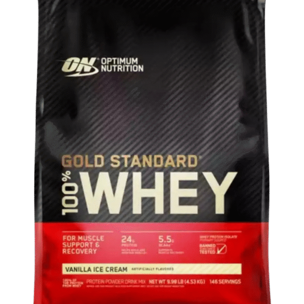Bolsa de 9.9 LB de Optimum Nutrition Gold Standard 100% Whey sabor Vanilla Ice Cream, con 24 g de proteína, 5.5 g de BCAA y excelente disolución.