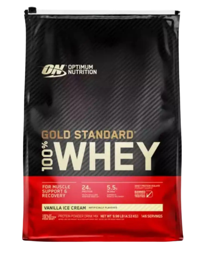 Bolsa de 9.9 LB de Optimum Nutrition Gold Standard 100% Whey sabor Vanilla Ice Cream, con 24 g de proteína, 5.5 g de BCAA y excelente disolución.