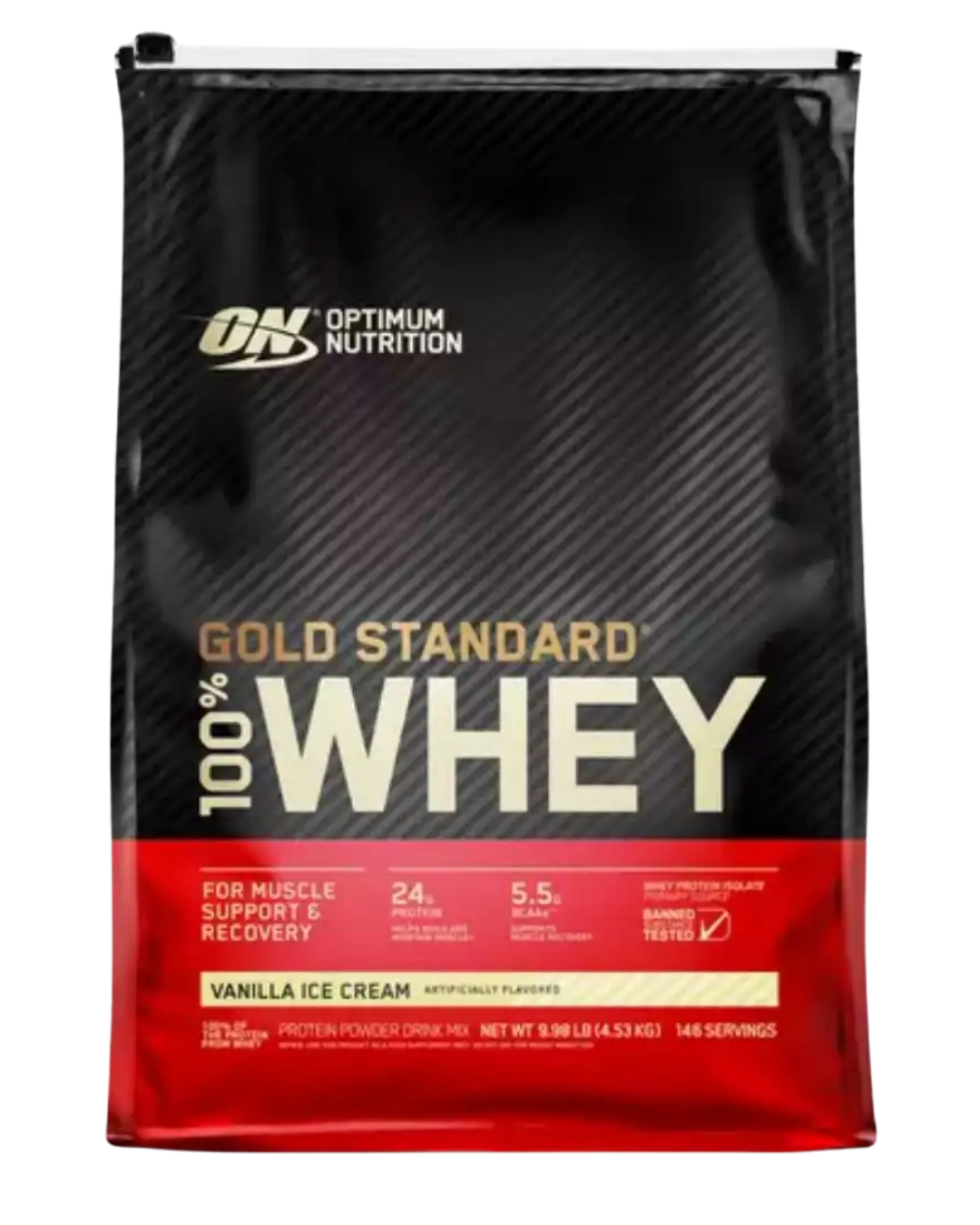 Optimum Nutrition Gold Standard Whey – Proteína Premium en Formato Económico Bolsa de 9.9 LB de Optimum Nutrition Gold Standard 100% Whey sabor Vanilla Ice Cream, con 24 g de proteína, 5.5 g de BCAA y excelente disolución.
