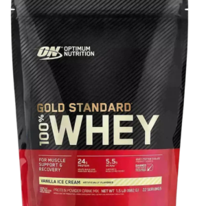 Bolsa de 1.5 LB de Optimum Nutrition Gold Standard 100% Whey sabor Vanilla Ice Cream, con 24 g de proteína, 5.5 g de BCAA y excelente disolución.
