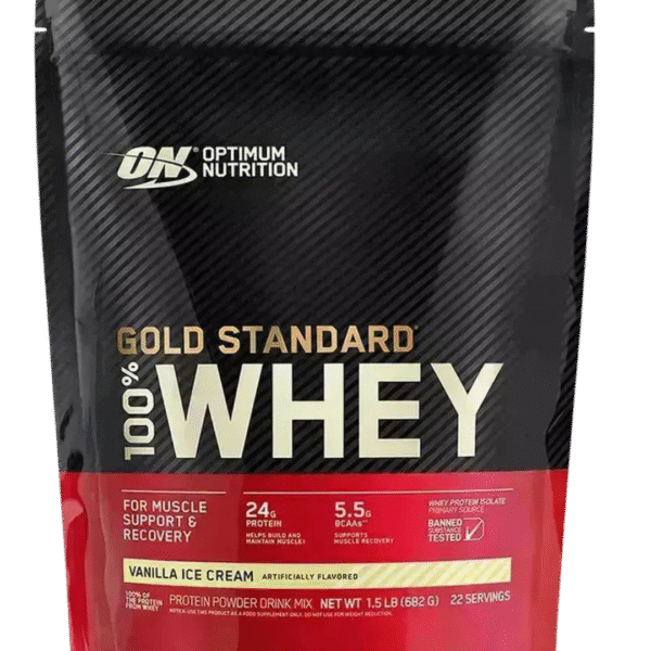 Bolsa de 1.5 LB de Optimum Nutrition Gold Standard 100% Whey sabor Vanilla Ice Cream, con 24 g de proteína, 5.5 g de BCAA y excelente disolución.