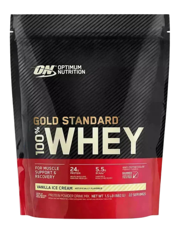 Bolsa de 1.5 LB de Optimum Nutrition Gold Standard 100% Whey sabor Vanilla Ice Cream, con 24 g de proteína, 5.5 g de BCAA y excelente disolución.