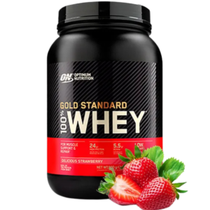 Envase de 2 LB de Optimum Nutrition Gold Standard 100% Whey sabor Delicious Strawberry, con 24 g de proteína, 5.5 g de BCAA y bajo contenido de carbohidratos.