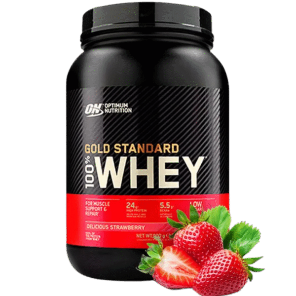 Envase de 2 LB de Optimum Nutrition Gold Standard 100% Whey sabor Delicious Strawberry, con 24 g de proteína, 5.5 g de BCAA y bajo contenido de carbohidratos.