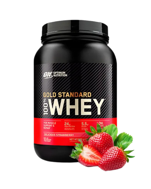 Envase de 2 LB de Optimum Nutrition Gold Standard 100% Whey sabor Delicious Strawberry, con 24 g de proteína, 5.5 g de BCAA y bajo contenido de carbohidratos.