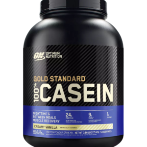 Envase de 3.86 LB de Optimum Nutrition Gold Standard 100% Casein sabor Creamy Vanilla, con 24 g de proteína de digestión lenta, 9 g de aminoácidos esenciales y 1 g de azúcar.