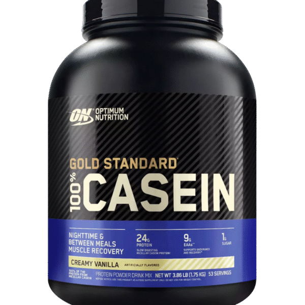 Envase de 3.86 LB de Optimum Nutrition Gold Standard 100% Casein sabor Creamy Vanilla, con 24 g de proteína de digestión lenta, 9 g de aminoácidos esenciales y 1 g de azúcar.