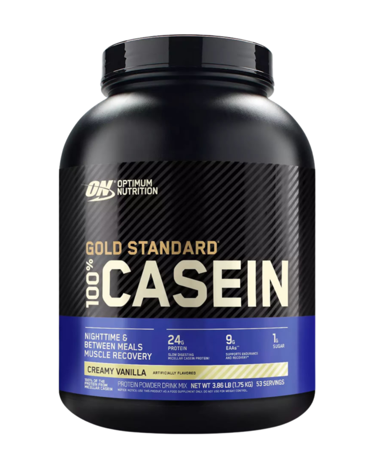 Envase de 3.86 LB de Optimum Nutrition Gold Standard 100% Casein sabor Creamy Vanilla, con 24 g de proteína de digestión lenta, 9 g de aminoácidos esenciales y 1 g de azúcar.