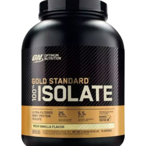 Envase de 5.02 LB de Optimum Nutrition Gold Standard 100% Isolate sabor Rich Vanilla Flavor, con 25 g de proteína ultra-filtrada, 5.5 g de BCAA y baja en lactosa.