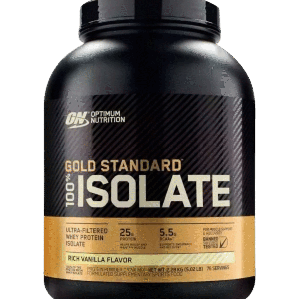 Envase de 5.02 LB de Optimum Nutrition Gold Standard 100% Isolate sabor Rich Vanilla Flavor, con 25 g de proteína ultra-filtrada, 5.5 g de BCAA y baja en lactosa.