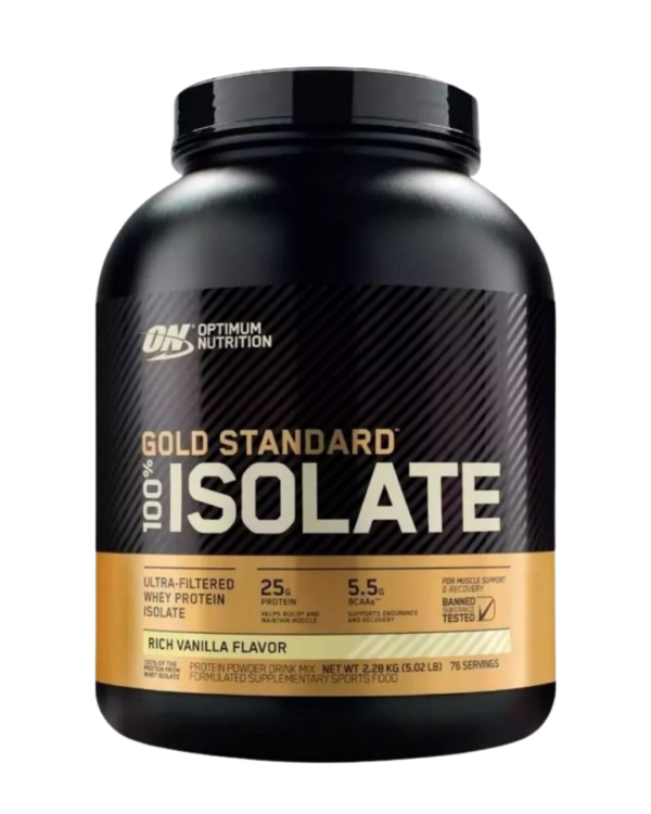 Envase de 5.02 LB de Optimum Nutrition Gold Standard 100% Isolate sabor Rich Vanilla Flavor, con 25 g de proteína ultra-filtrada, 5.5 g de BCAA y baja en lactosa.
