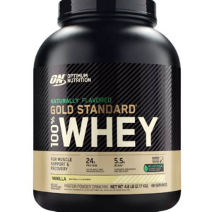 Envase de 4.8 LB de Optimum Nutrition Naturally Flavored Gold Standard 100% Whey sabor Vanilla, con 24 g de proteína, 5.5 g de BCAA y sin colorantes ni edulcorantes artificiales.