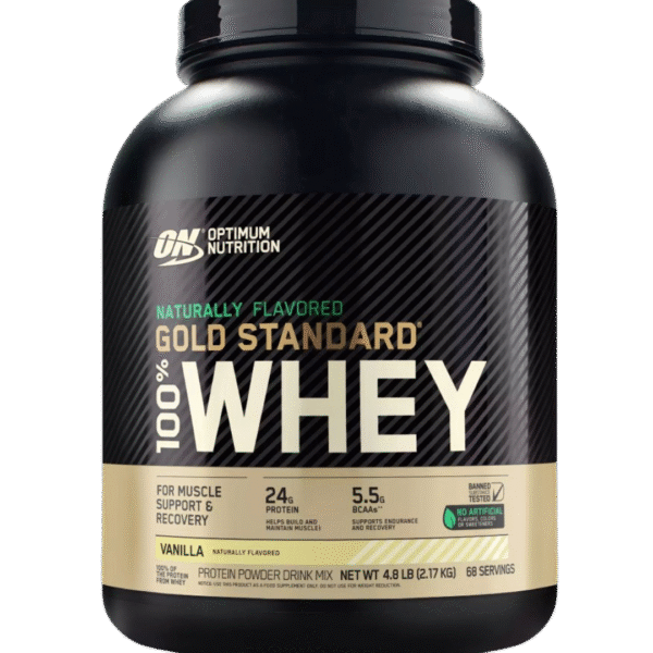 Envase de 4.8 LB de Optimum Nutrition Naturally Flavored Gold Standard 100% Whey sabor Vanilla, con 24 g de proteína, 5.5 g de BCAA y sin colorantes ni edulcorantes artificiales.