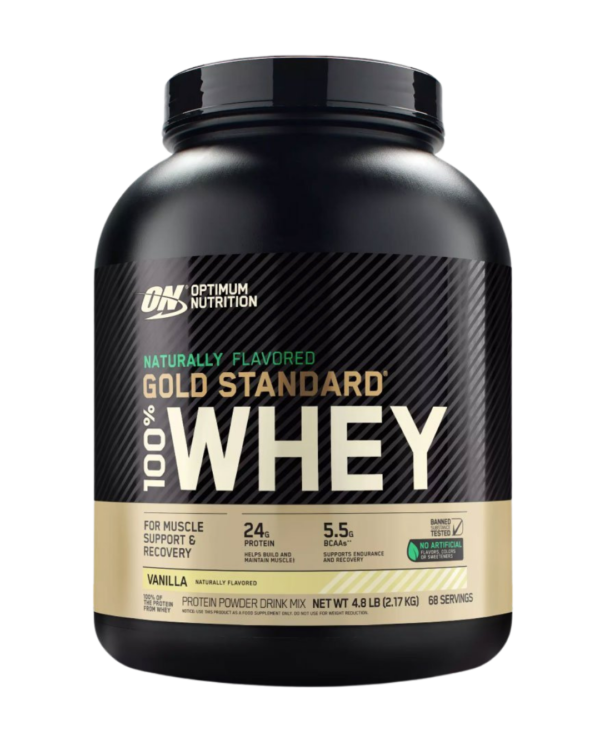 Envase de 4.8 LB de Optimum Nutrition Naturally Flavored Gold Standard 100% Whey sabor Vanilla, con 24 g de proteína, 5.5 g de BCAA y sin colorantes ni edulcorantes artificiales.