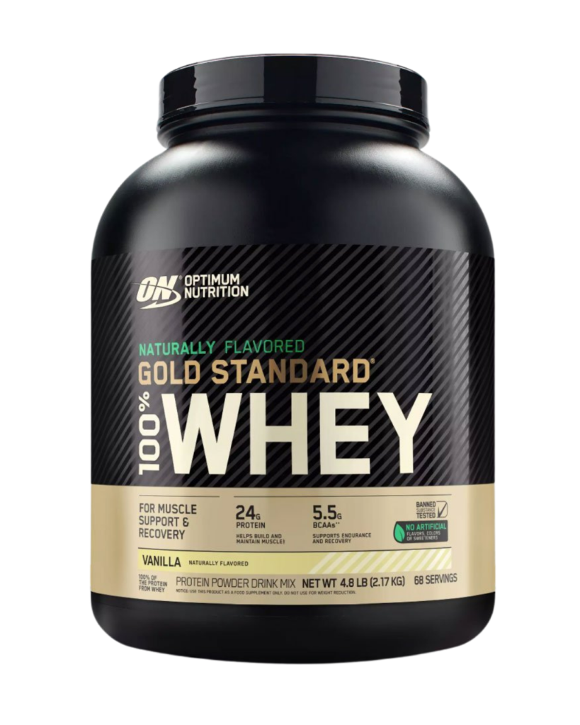 Envase de 4.8 LB de Optimum Nutrition Naturally Flavored Gold Standard 100% Whey sabor Vanilla, con 24 g de proteína, 5.5 g de BCAA y sin colorantes ni edulcorantes artificiales.