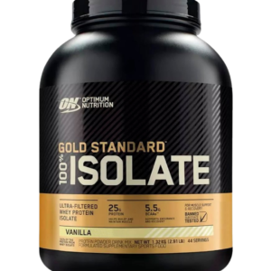 Envase de 2.91 LB de Optimum Nutrition Gold Standard 100% Isolate sabor Vanilla, con 25 g de proteína de suero aislada, 5.5 g de BCAA y excelente disolución.