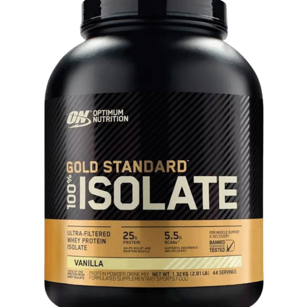 Envase de 2.91 LB de Optimum Nutrition Gold Standard 100% Isolate sabor Vanilla, con 25 g de proteína de suero aislada, 5.5 g de BCAA y excelente disolución.