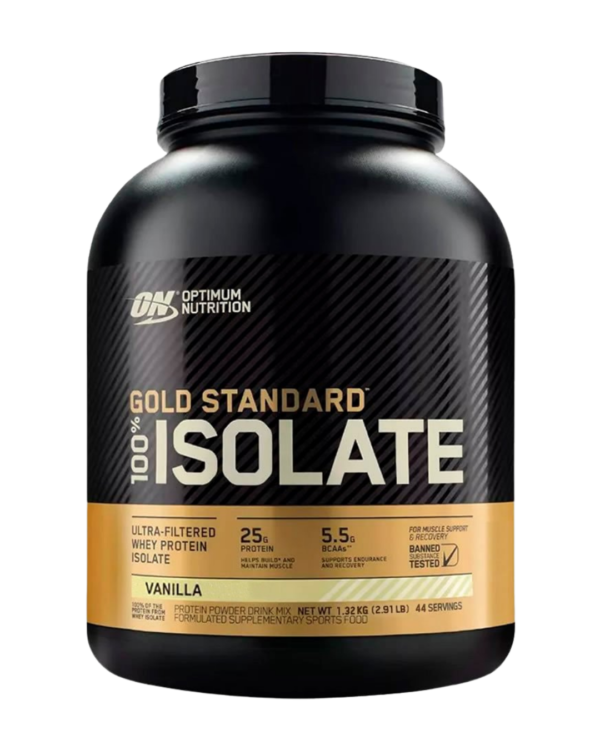 Envase de 2.91 LB de Optimum Nutrition Gold Standard 100% Isolate sabor Vanilla, con 25 g de proteína de suero aislada, 5.5 g de BCAA y excelente disolución.