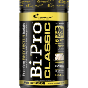Envase pequeño de BiPro Classic de Nutramerican Pharma, suplemento de proteína aislada de suero con 40 g de proteína por porción, sabor vainilla.