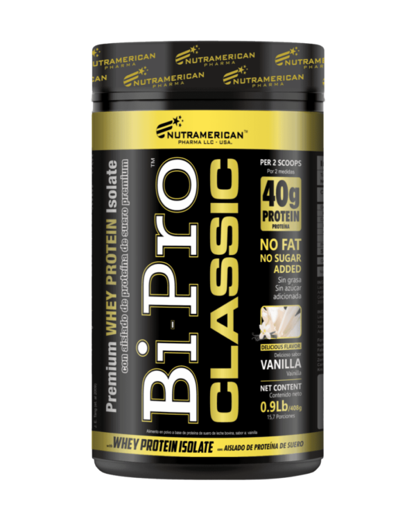 Envase pequeño de BiPro Classic de Nutramerican Pharma, suplemento de proteína aislada de suero con 40 g de proteína por porción, sabor vainilla.