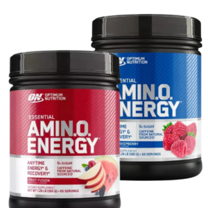 Dos envases de Optimum Nutrition Essential Amino Energy en sabores Fruit Fusion y Raspberry, con aminoácidos esenciales, 0 g de azúcar y cafeína natural para energía y recuperación.
