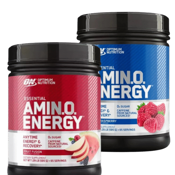 Dos envases de Optimum Nutrition Essential Amino Energy en sabores Fruit Fusion y Raspberry, con aminoácidos esenciales, 0 g de azúcar y cafeína natural para energía y recuperación.