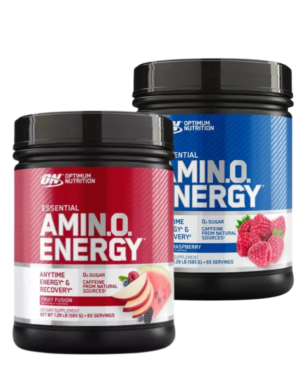 Dos envases de Optimum Nutrition Essential Amino Energy en sabores Fruit Fusion y Raspberry, con aminoácidos esenciales, 0 g de azúcar y cafeína natural para energía y recuperación.