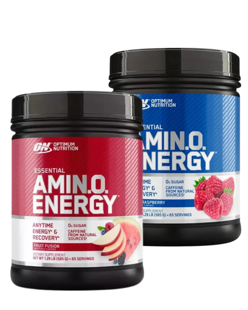 Dos envases de Optimum Nutrition Essential Amino Energy en sabores Fruit Fusion y Raspberry, con aminoácidos esenciales, 0 g de azúcar y cafeína natural para energía y recuperación.