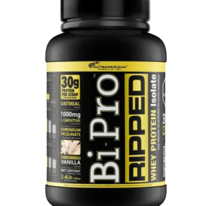 Envase de BiPro Ripped de Nutramerican Pharma, proteína aislada de suero con 30 g de proteína por porción, L-Carnitina y picolinato de cromo, sabor vainilla.