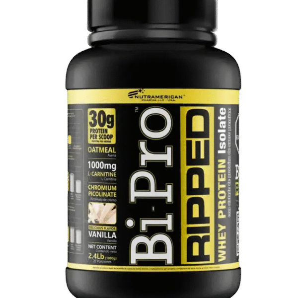 Envase de BiPro Ripped de Nutramerican Pharma, proteína aislada de suero con 30 g de proteína por porción, L-Carnitina y picolinato de cromo, sabor vainilla.