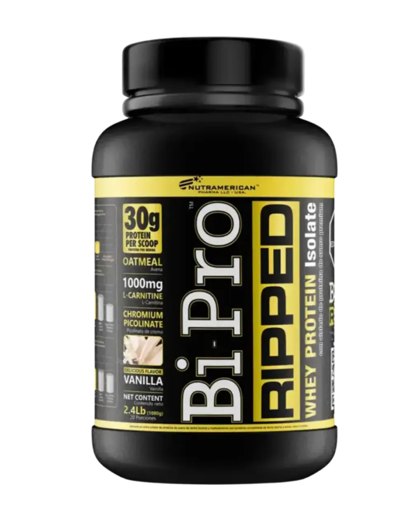 Envase de BiPro Ripped de Nutramerican Pharma, proteína aislada de suero con 30 g de proteína por porción, L-Carnitina y picolinato de cromo, sabor vainilla.