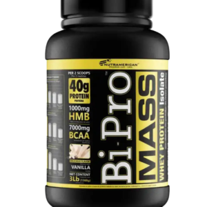 Envase de BiPro Mass de Nutramerican Pharma, suplemento de proteína aislada de suero con 40 g de proteína por porción, HMB y BCAA, sabor vainilla.