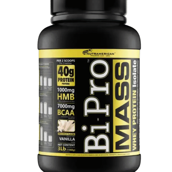 Envase de BiPro Mass de Nutramerican Pharma, suplemento de proteína aislada de suero con 40 g de proteína por porción, HMB y BCAA, sabor vainilla.