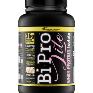 Envase de BiPro Lite de Nutramerican Pharma, suplemento de proteína aislada de suero con colágeno hidrolizado, L-Carnitina y picolinato de cromo, sabor vainilla.