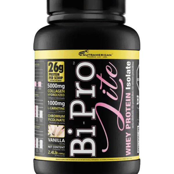 Envase de BiPro Lite de Nutramerican Pharma, suplemento de proteína aislada de suero con colágeno hidrolizado, L-Carnitina y picolinato de cromo, sabor vainilla.