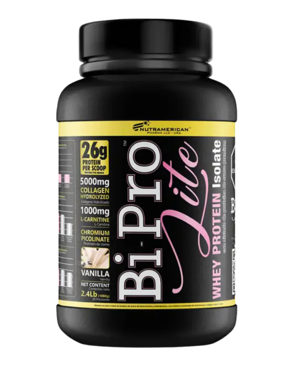 Envase de BiPro Lite de Nutramerican Pharma, suplemento de proteína aislada de suero con colágeno hidrolizado, L-Carnitina y picolinato de cromo, sabor vainilla.