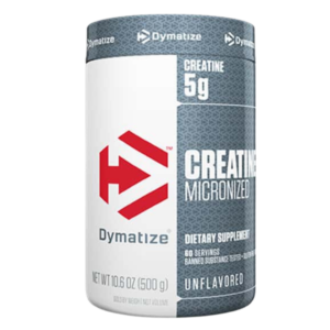 Envase de Dymatize Creatine Micronized, suplemento de creatina monohidratada en polvo, sin sabor, con 5 g por porción.
