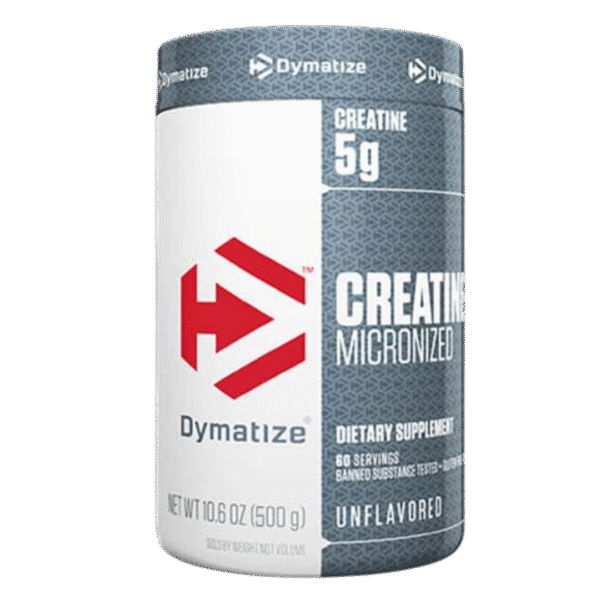 Envase de Dymatize Creatine Micronized, suplemento de creatina monohidratada en polvo, sin sabor, con 5 g por porción.