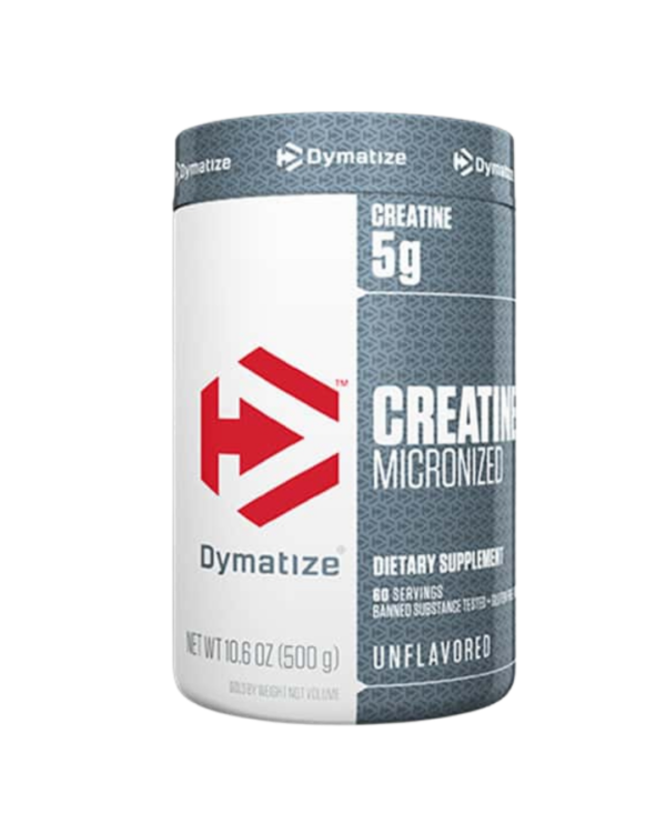 Envase de Dymatize Creatine Micronized, suplemento de creatina monohidratada en polvo, sin sabor, con 5 g por porción.